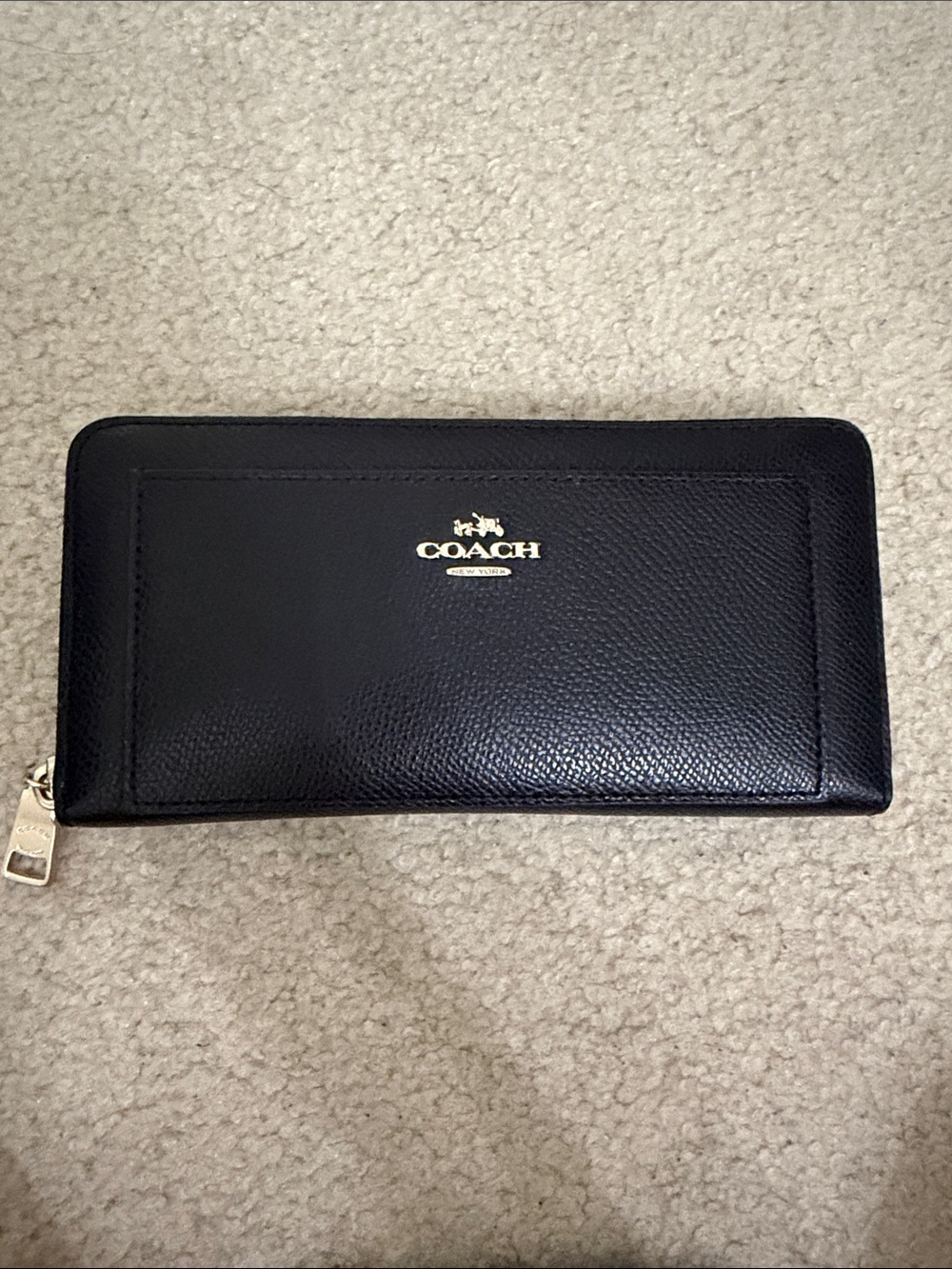 Coach Dark Navy Blue Leather Zip-Around Wallet with Gold Logo
